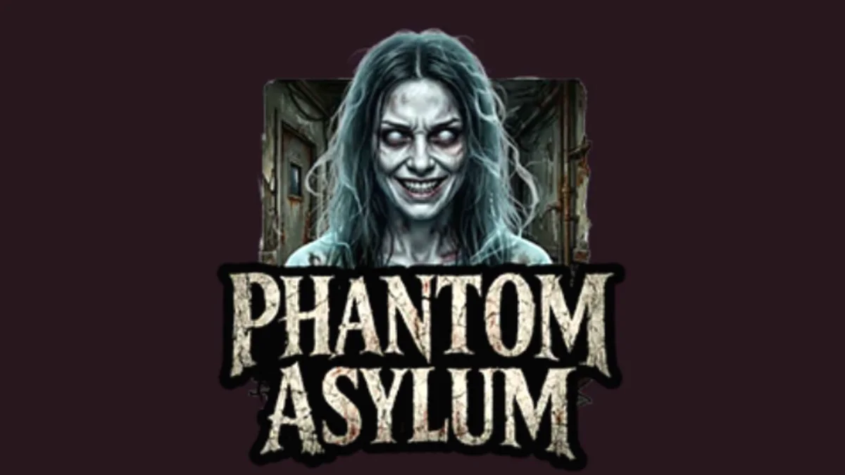 Cenário sombrio e aterrorizante do slot Phantom Asylum com elementos de horror psicológico.